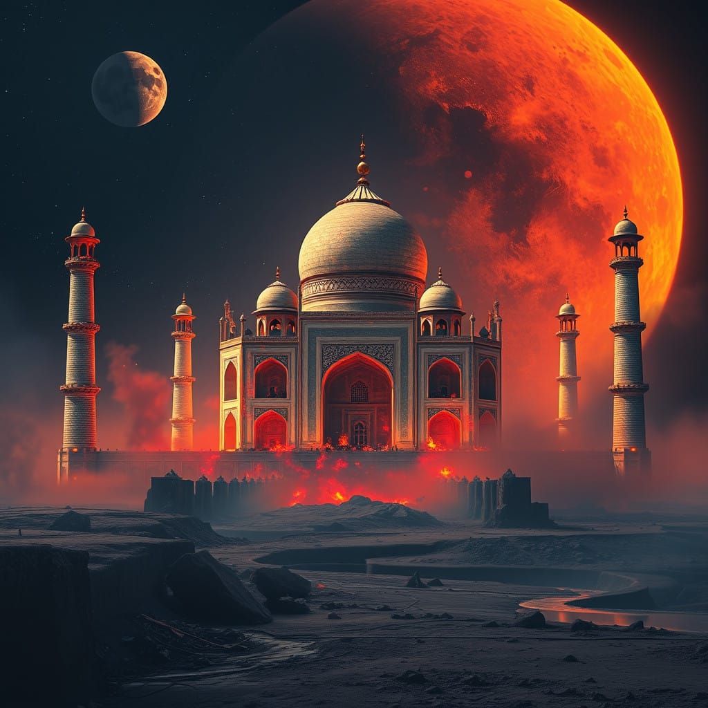 Dystopian Taj Mahal Amidst a Burning Galactic Cataclysm