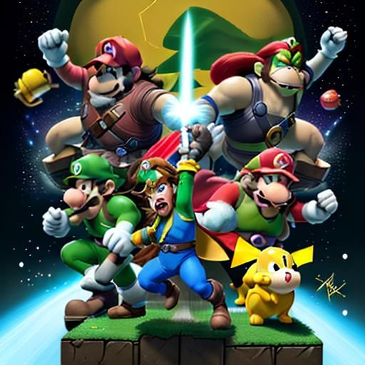 In realms of pixels, a vibrant display,
Nintendo's heroes light up the way.

Mario, the plumber, with cap ever red,
Jump...