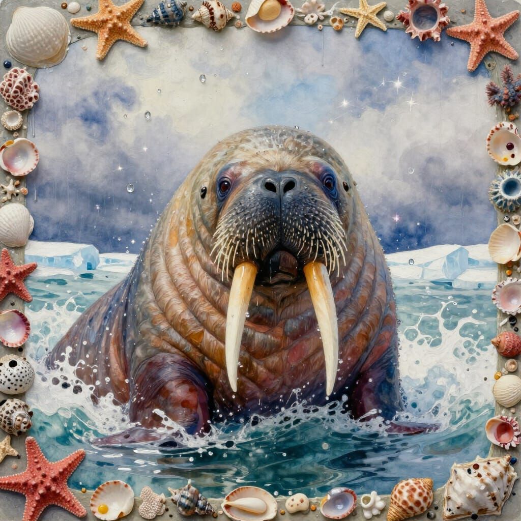 Majestic Walrus Surfaces in Dramatic Impressionistic Waterco...