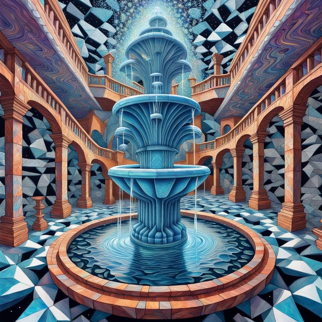 Water fountain in the style of MC Escher