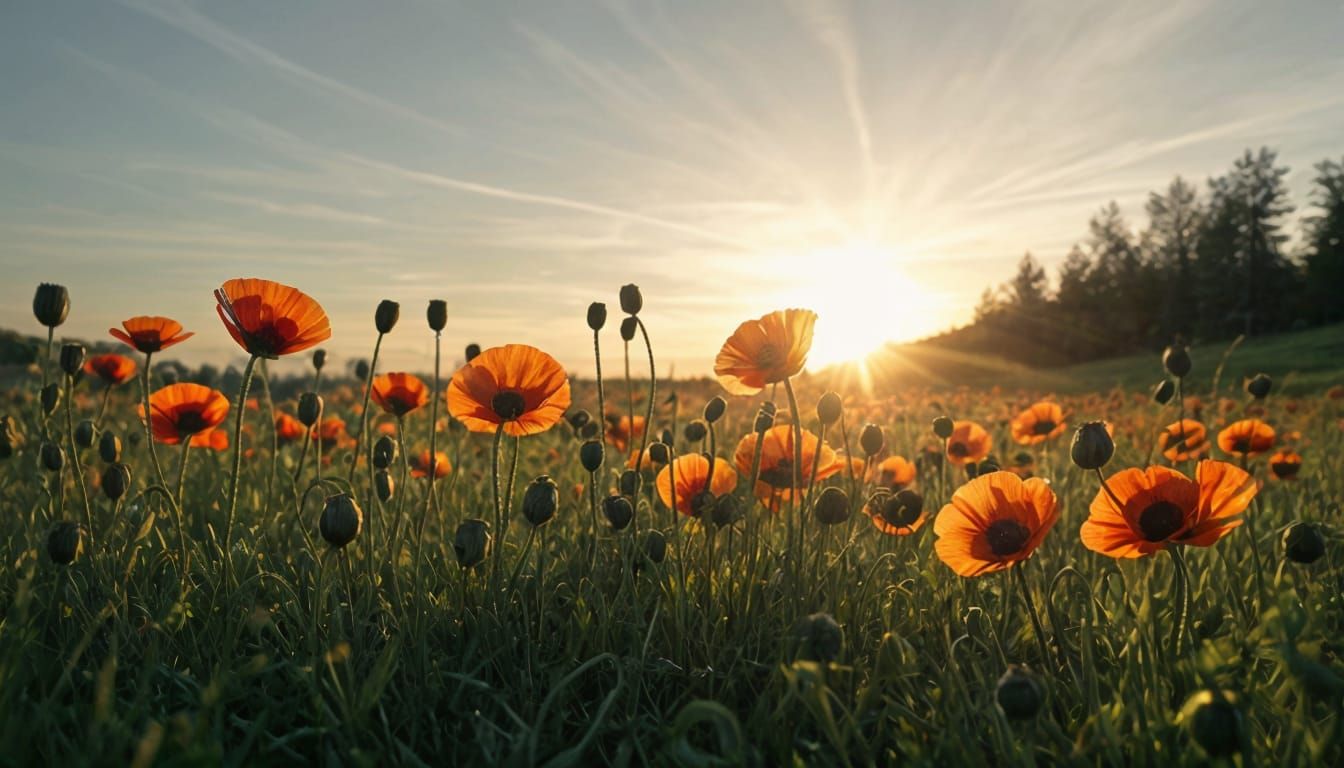 Poppy Meadow Sunset with Walking Silhouette