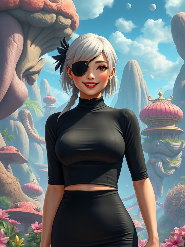 Bald Asian Woman with Eyepatch in Fantasy Kingdom
