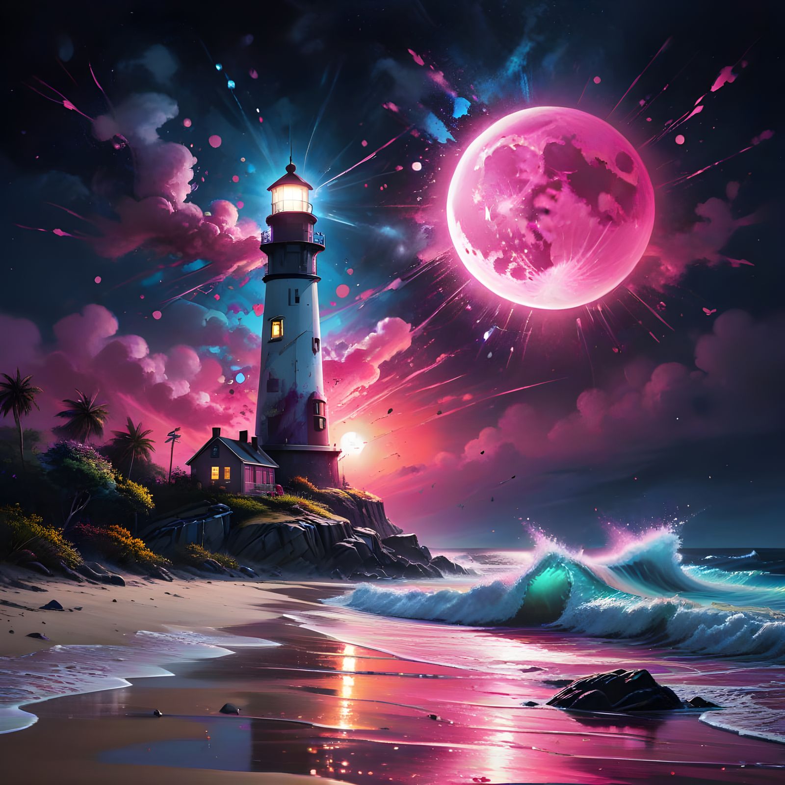 Lighthouse on Beach with Floating Islands in Graffiti Art
