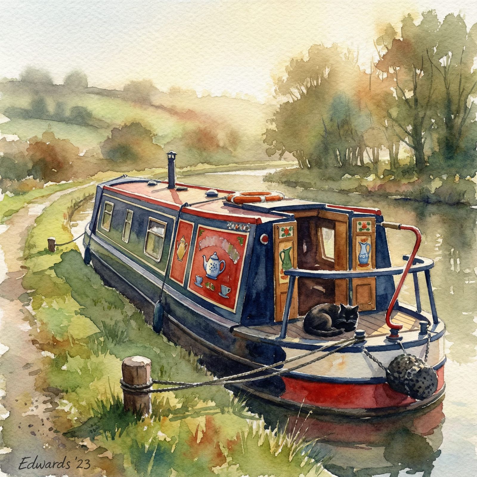 English Canal Boat with Sleeping Cat in Spring Sunshine