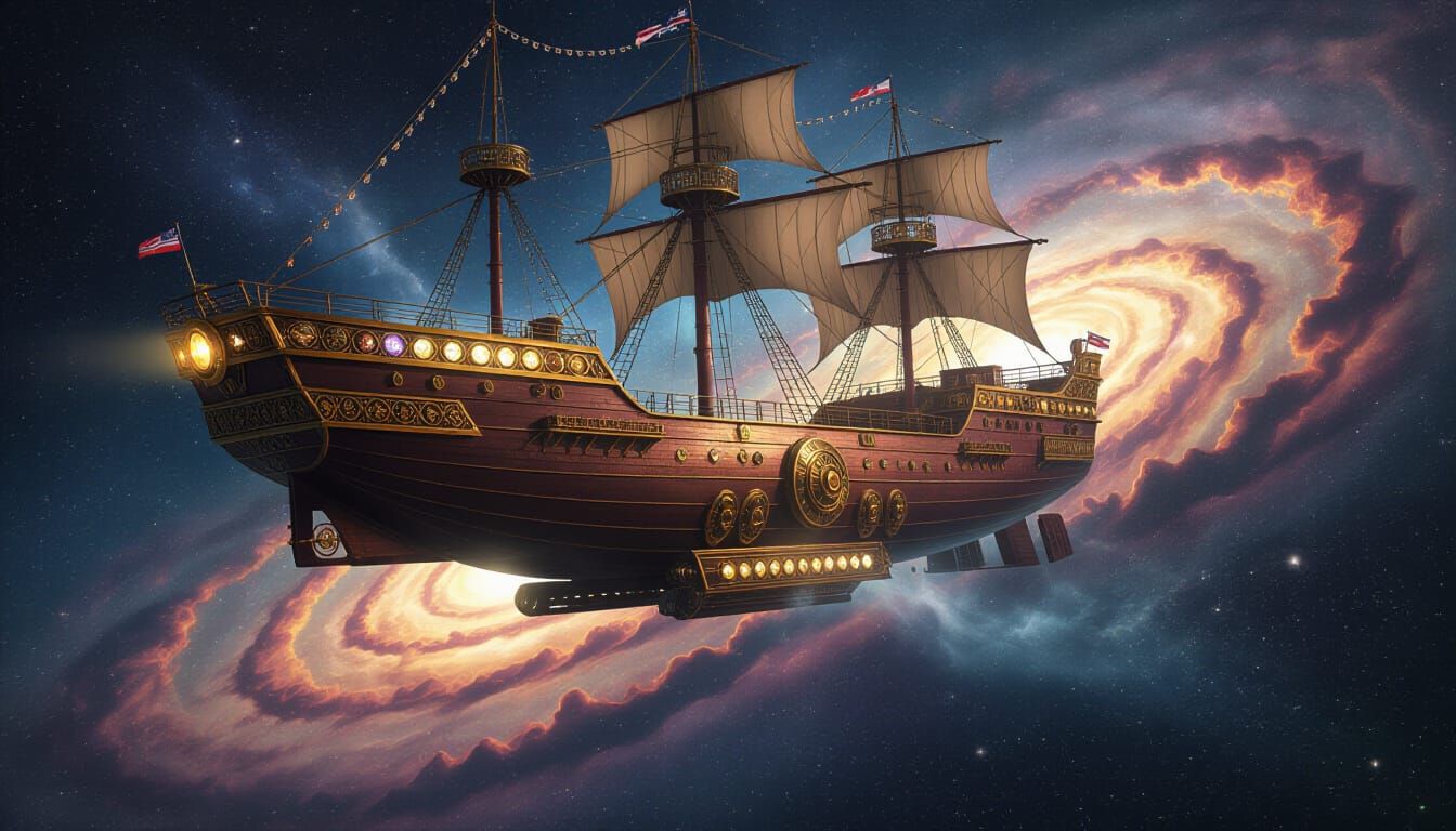 Steampunk Galleon Airship Sails Through Cosmic Nebula