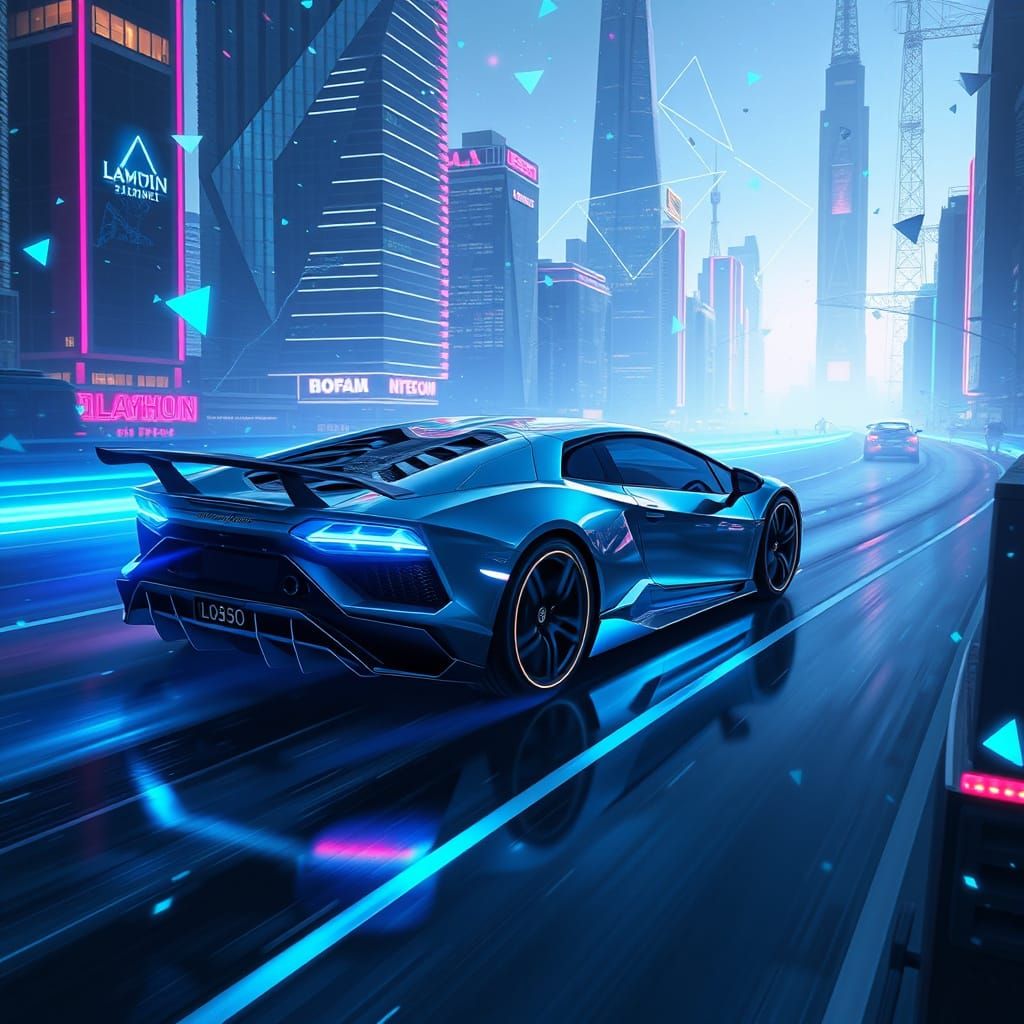 Cyberpunk Lamborghini Speeds Through Futuristic Metropolis