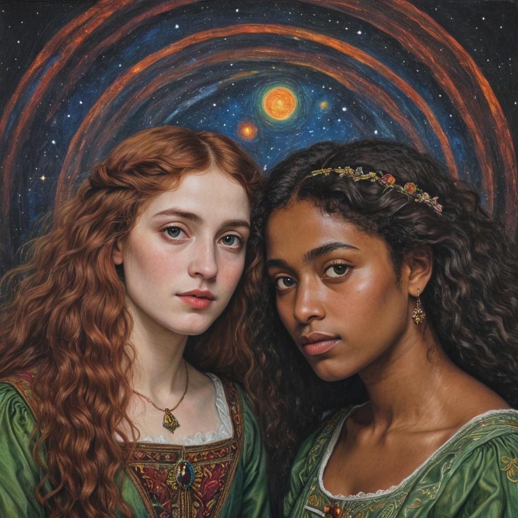 Pre-Raphaelite Portrait of a Multiracial Lesbian Couple
