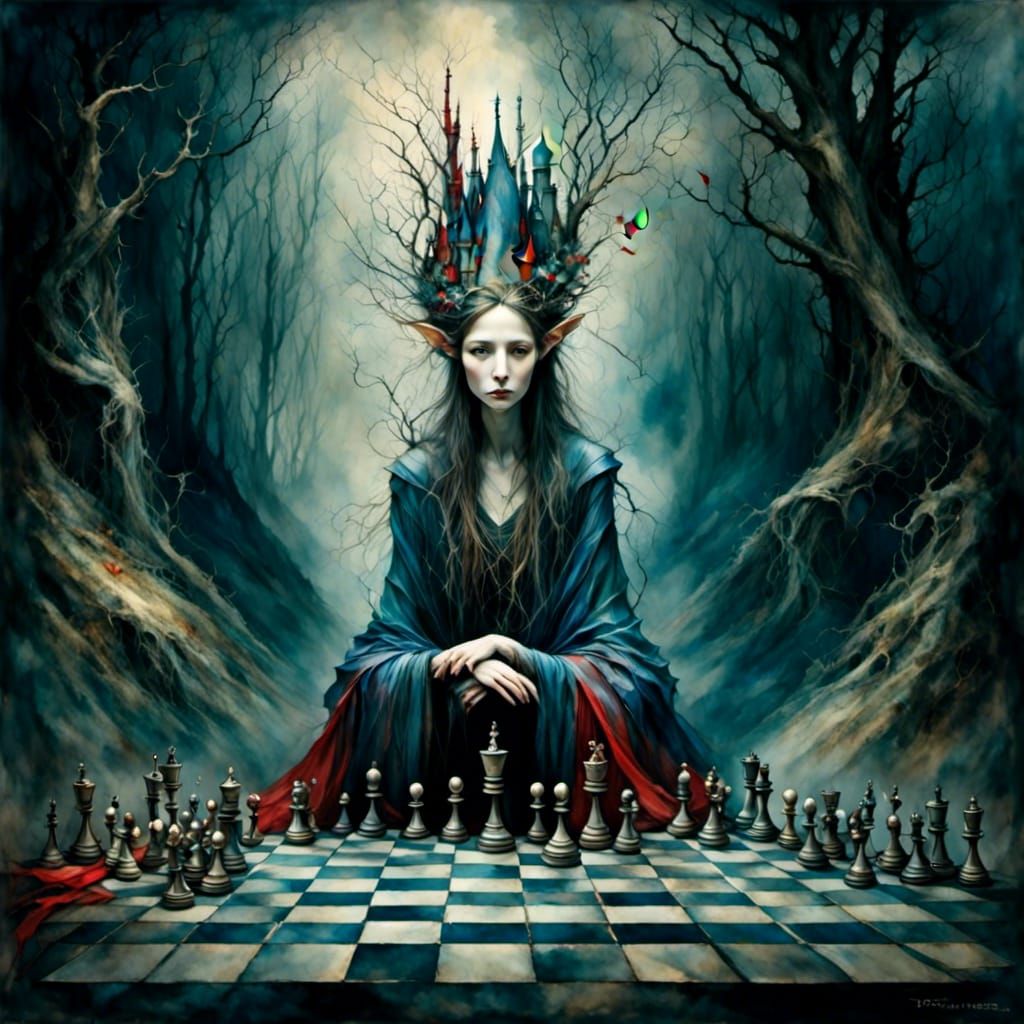 Princess and Chessboard in Dark Forest Digital Painting