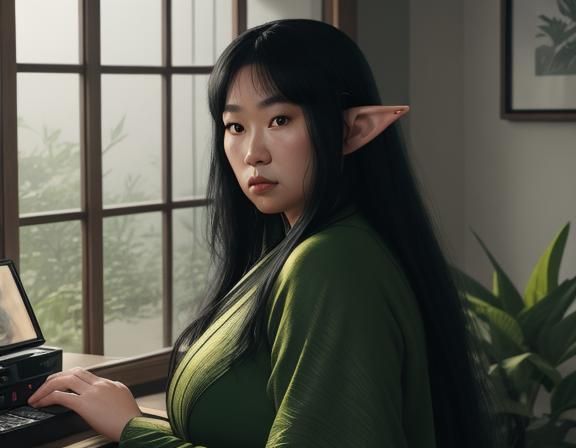 Fantasy Elf Portrait in Cozy Office