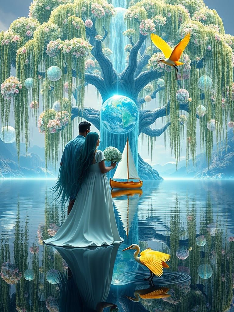 Couple Embracing by Tree of Life in Fantasy Art