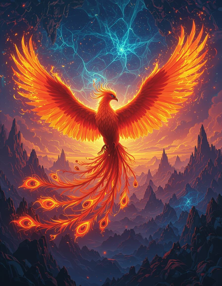 Psychedelic Phoenix Soars Through Fractal Dreamscape
