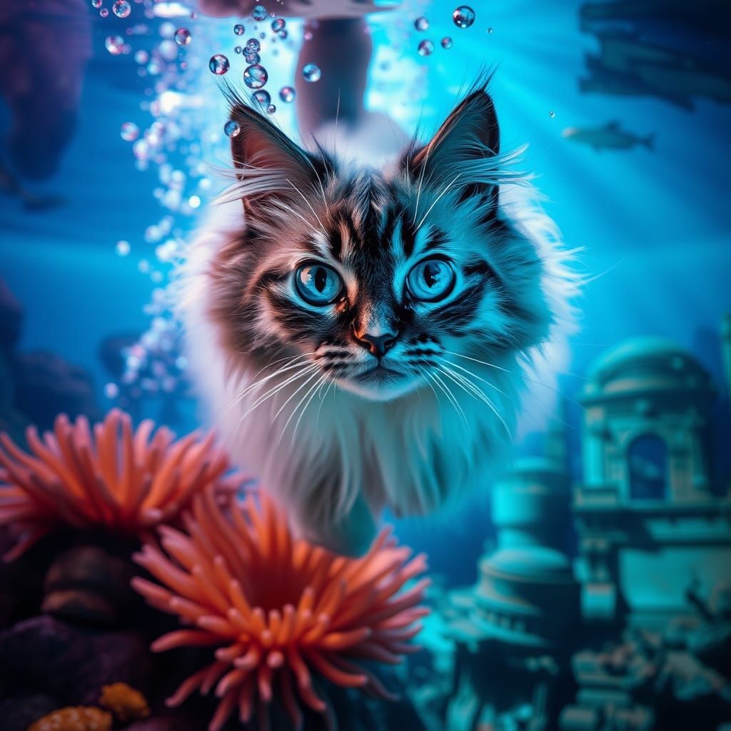 Underwater Persian Cat in Sunken City Ruins