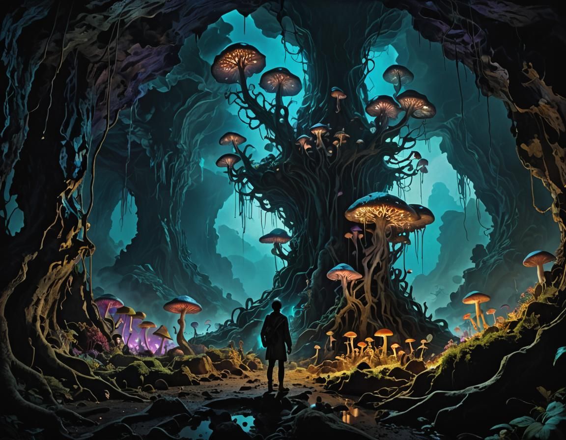 Eerie Cave Entrance in Dark Surrealism Style