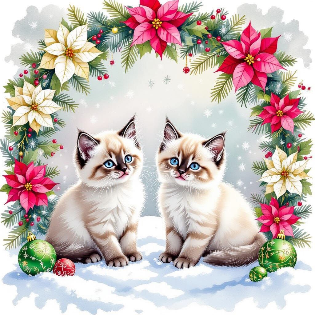 Two Fluffy Siamese Kittens in Snowy Christmas Scene