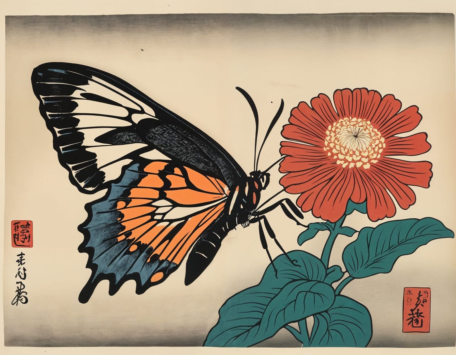 Butterfly on Flower in Shin-Hanga Print