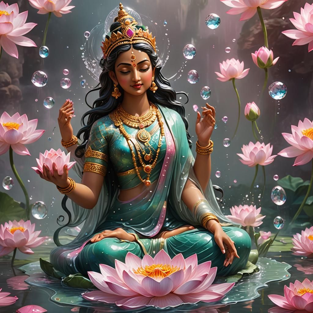 Ethereal Glass Goddess Lakshmi with Lotus Flowers