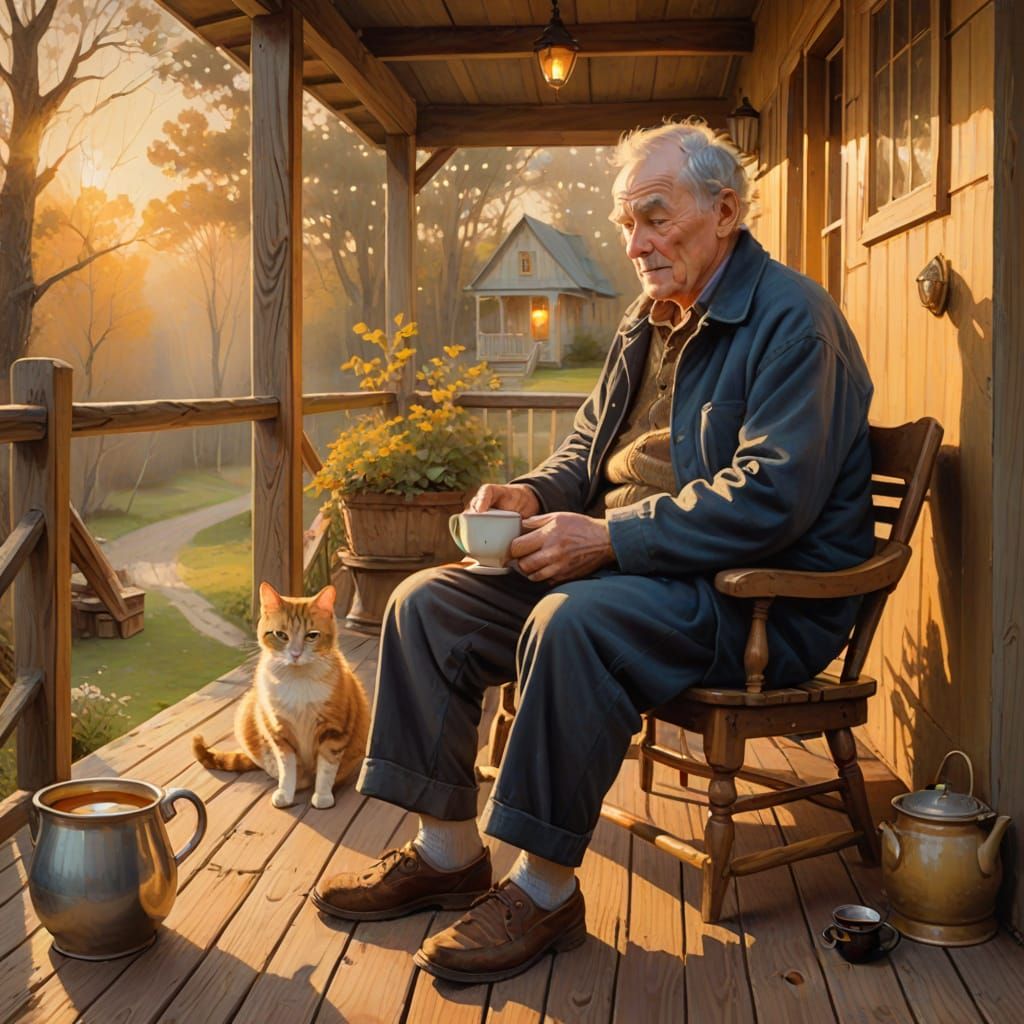 Elderly Man on Porch with Tea: Whimsical Oil Painting