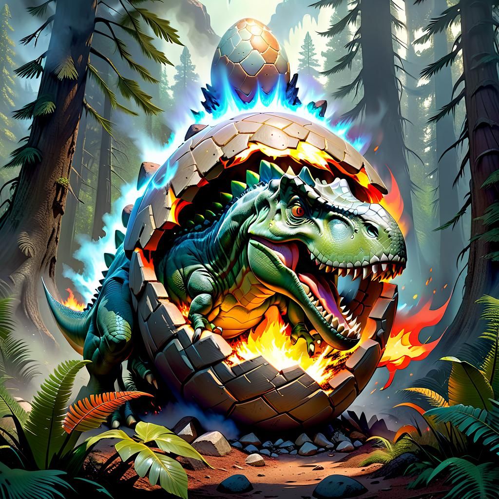 A young dinosaur coming out from Dinosaur egg spreading fire...