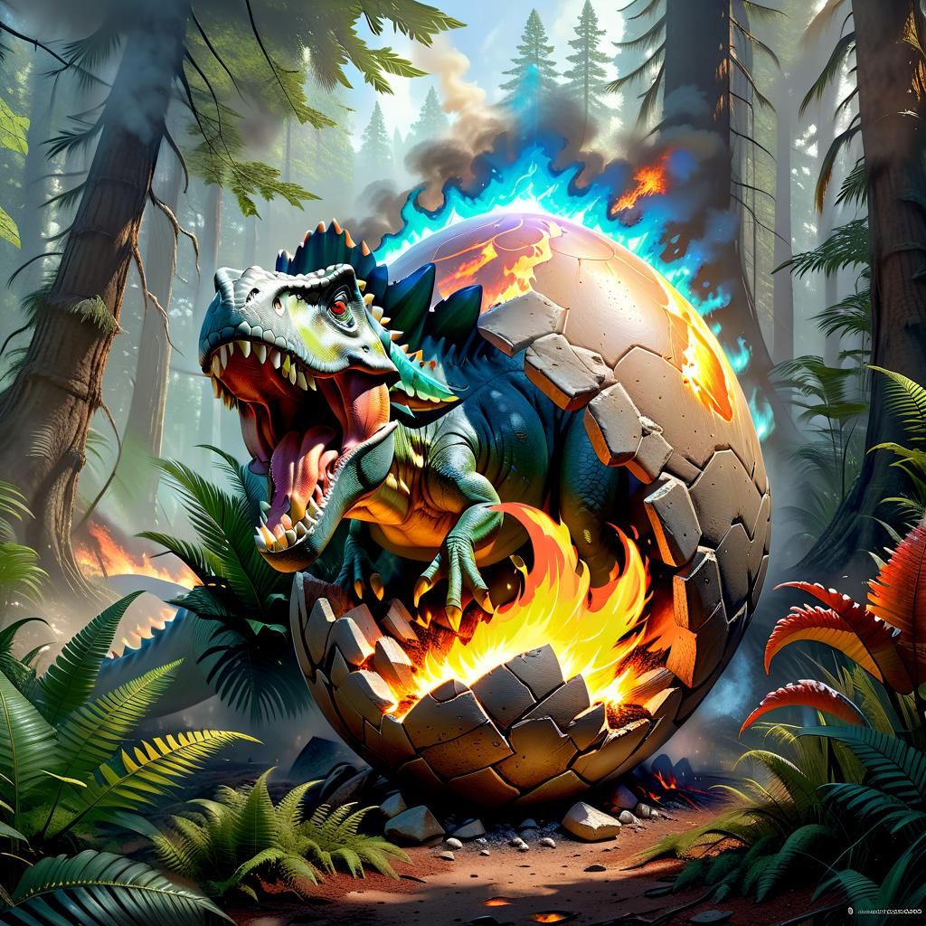 A young dinosaur coming out from Dinosaur egg spreading fire...