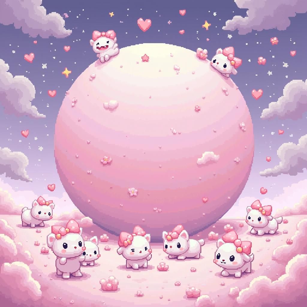 Pixelated Planet with Puppies and Kittens in Pixel Art Style