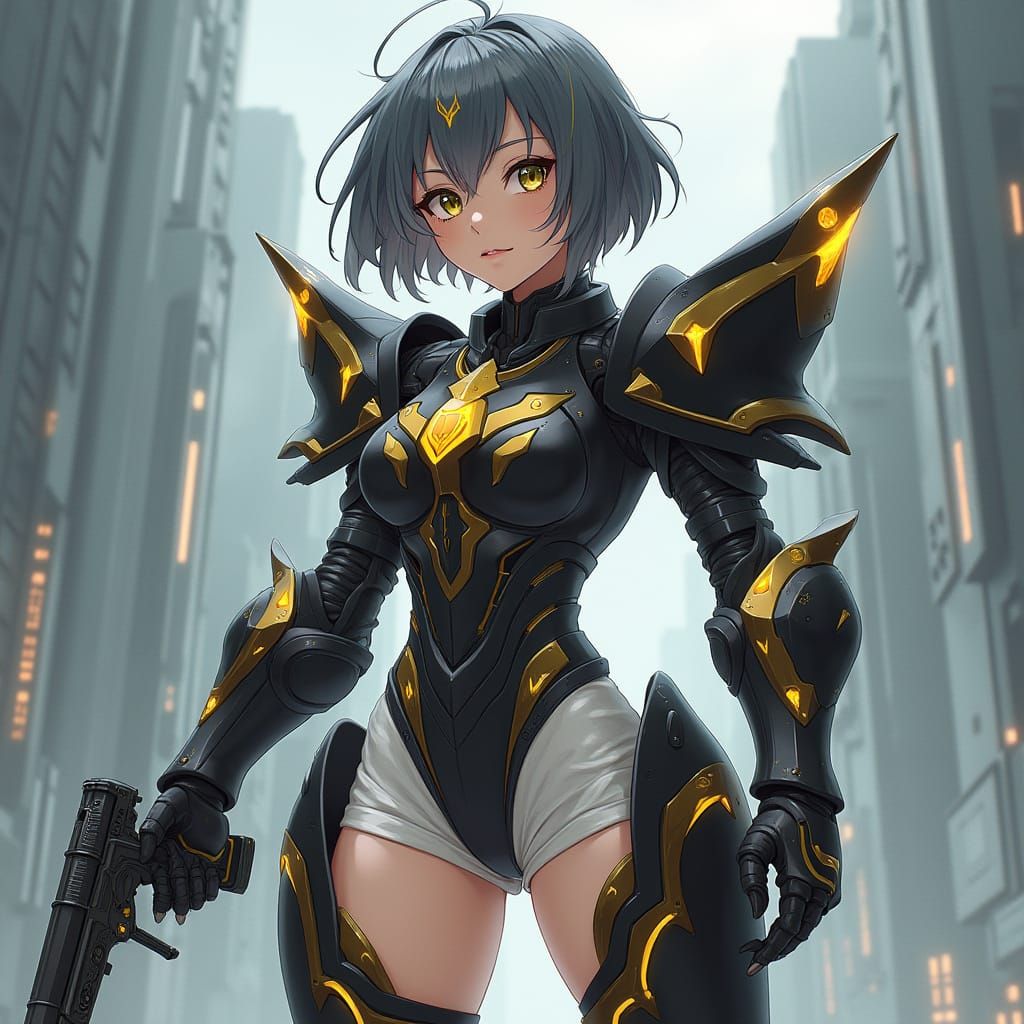 Anime Mecha Girl with Sword and Pistol in Sci-Fi Style