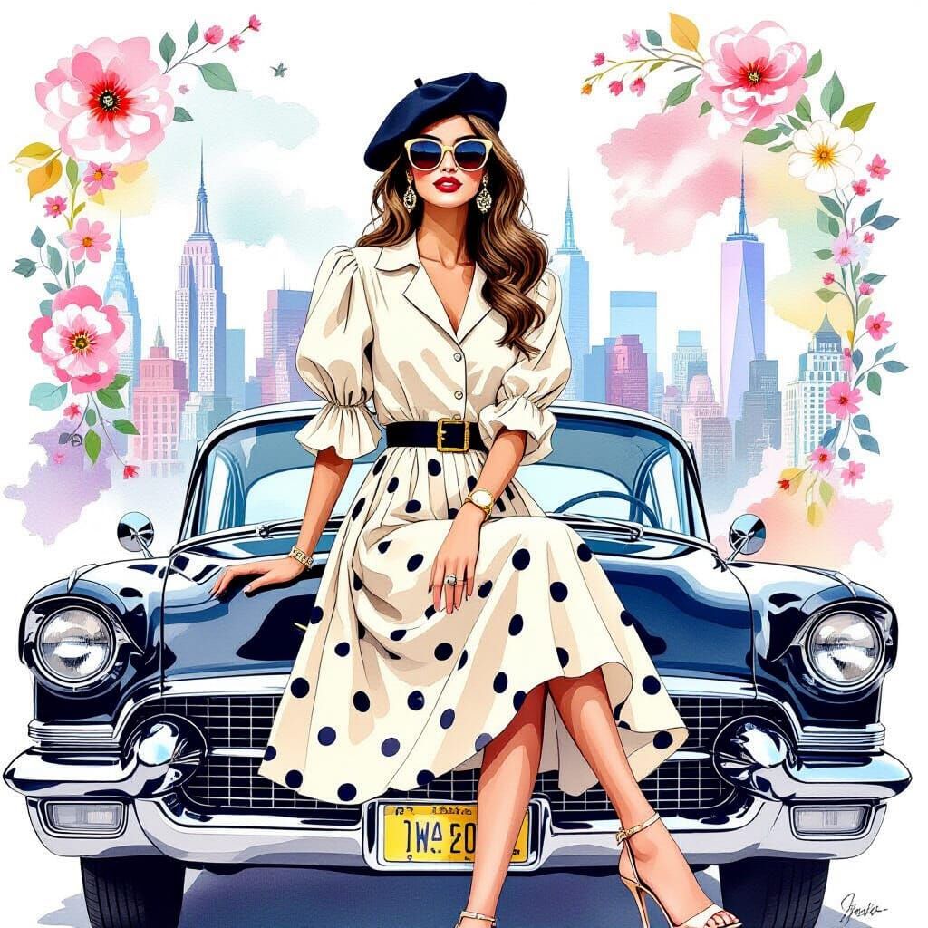 Fashionable Woman & Vintage Cadillac, NYC Skyline Watercolor