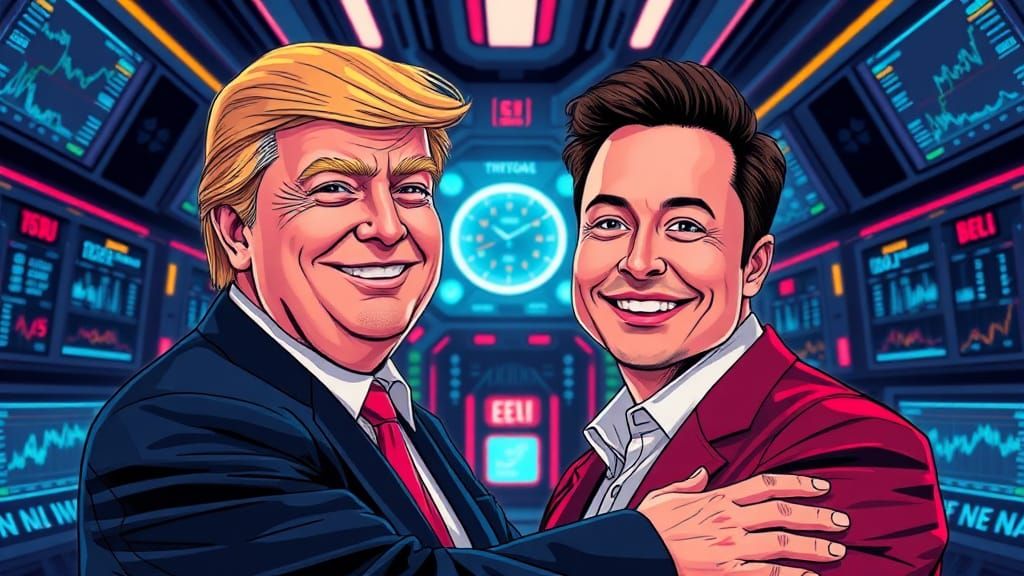Donald Trump and Elon Musk Embrace in Retro Pop Art