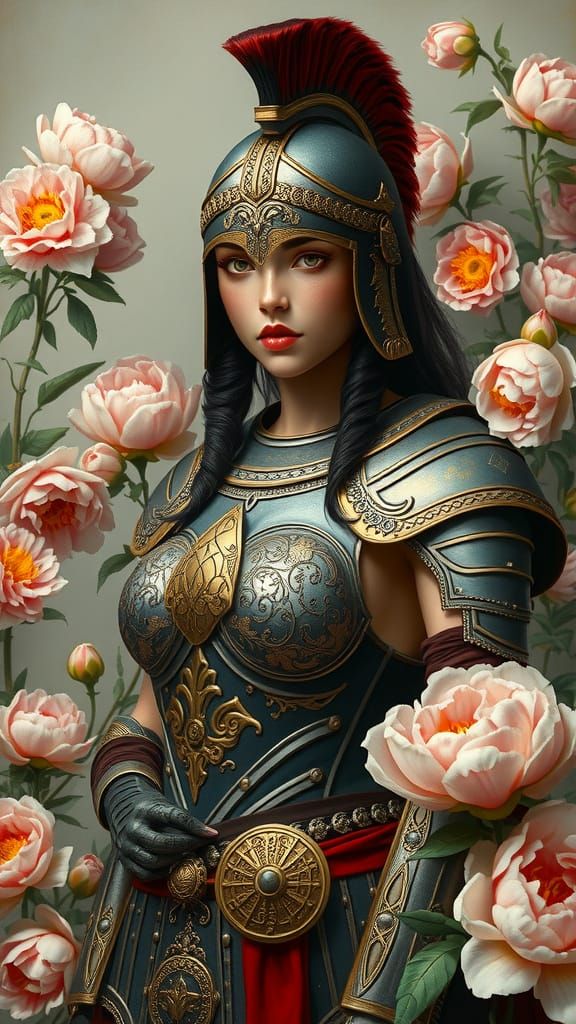 Heroic Fantasy Goddess in Ancient Armor Amidst Vibrant Bloom...