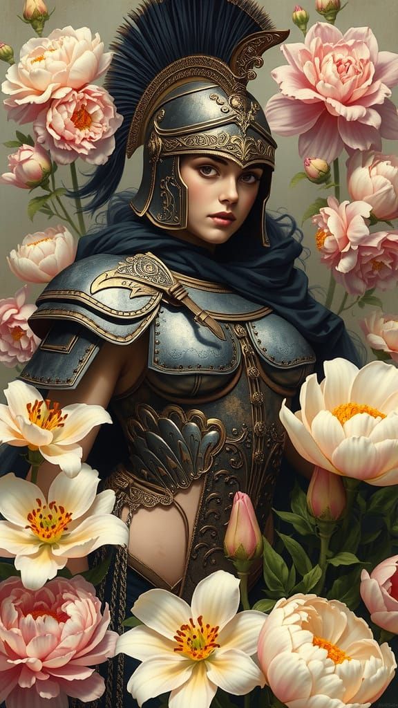 Ethereal Warrior Goddess in Whimsical Floral Landscape