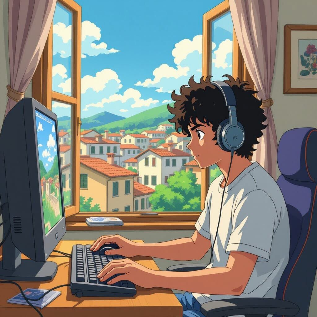 Anime Style Gamer in Italian Town, Studio Ghibli