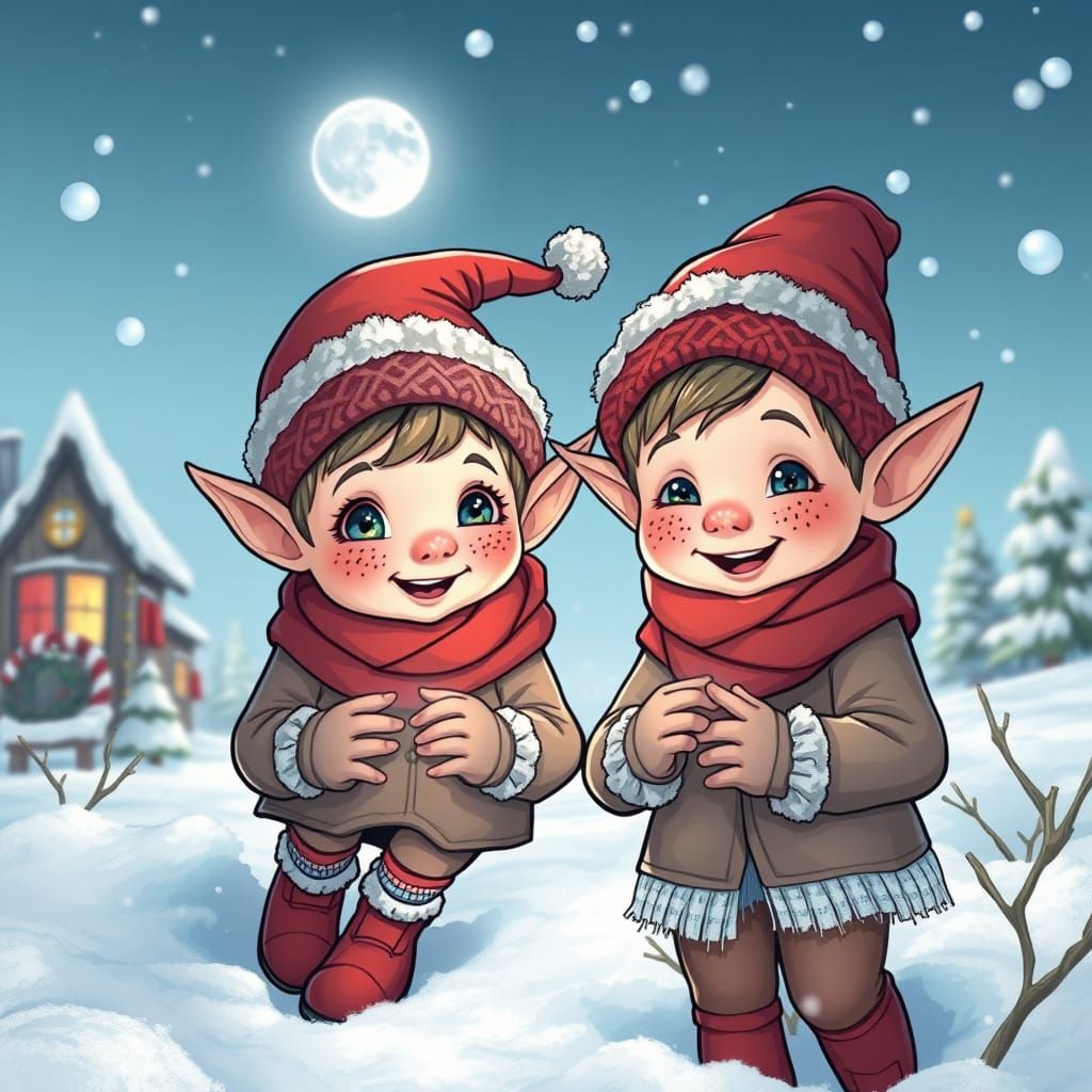 Festive Elf Children Play in Winter Snow