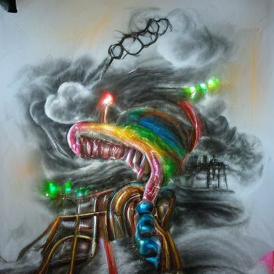 Rainbow Tentacle Monster in Steampunk Lightning Cloud