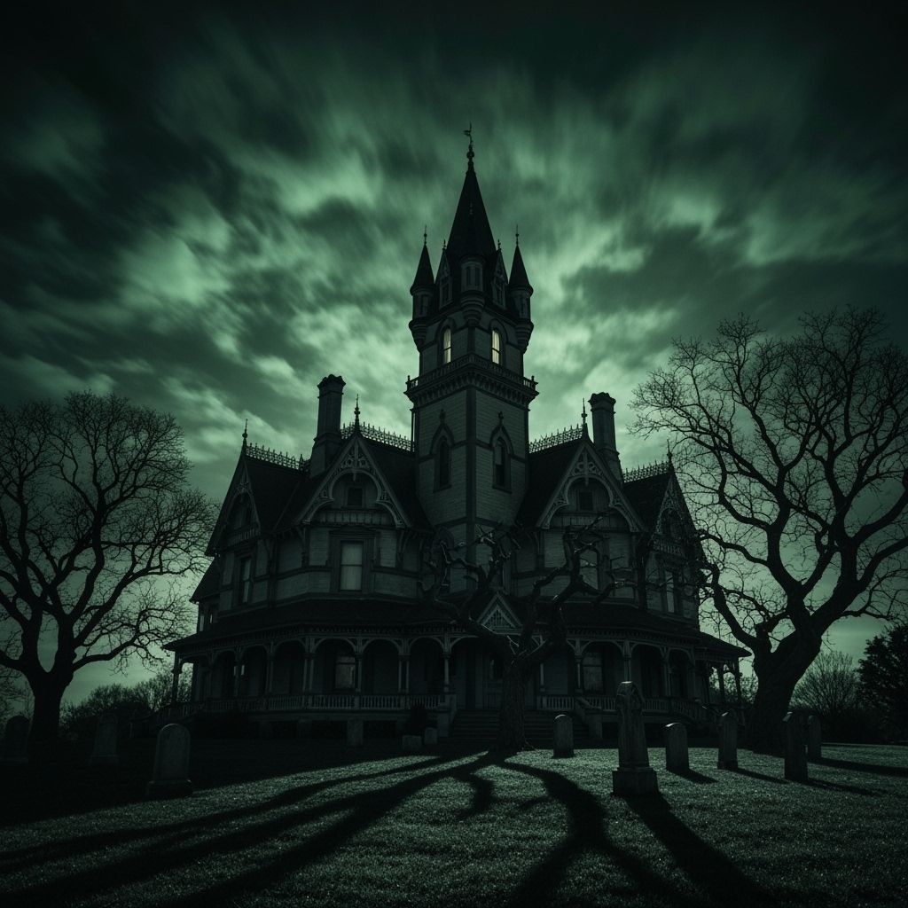 Gothic Victorian Mansion Under Green Moonlit Sky