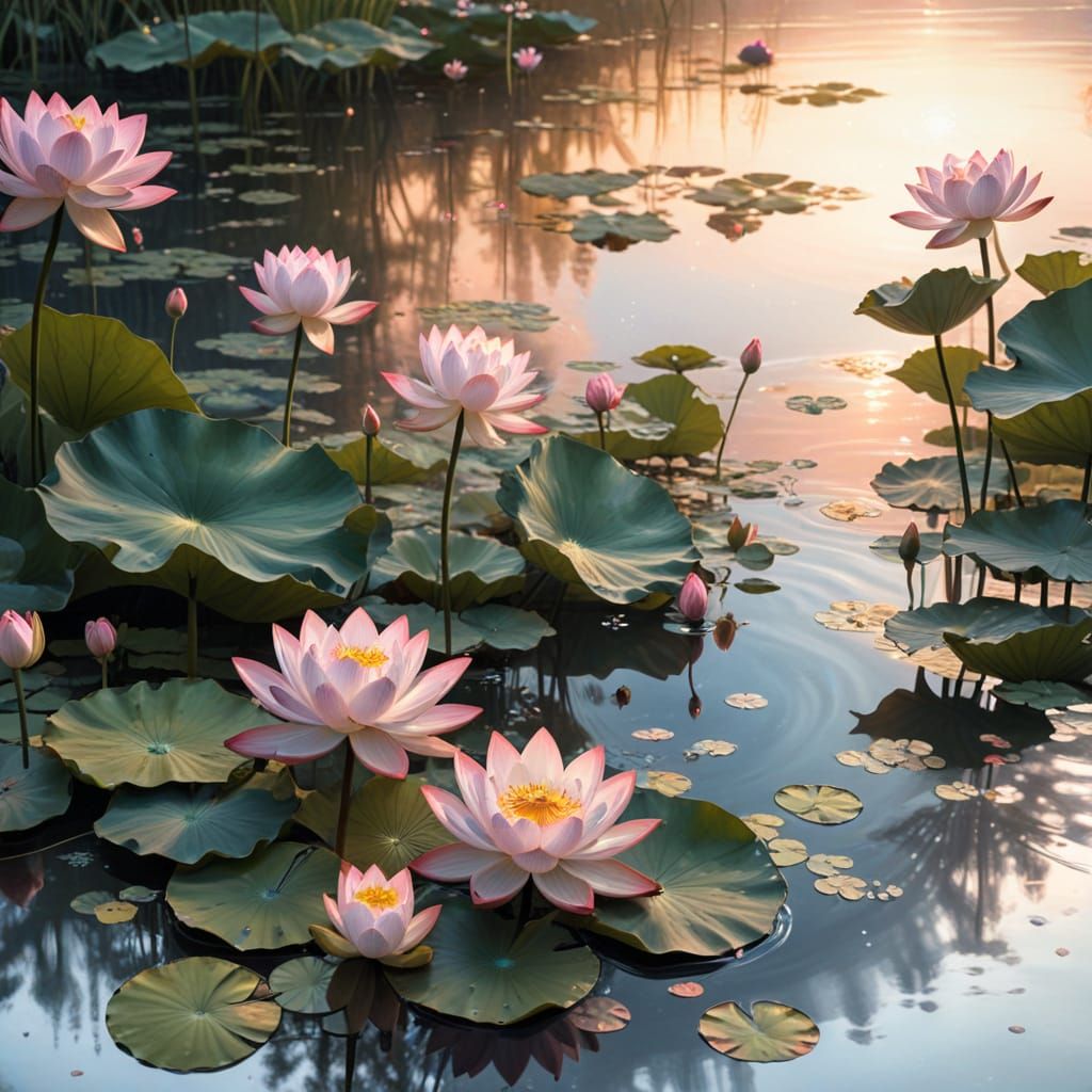 Serene Impressionist Pond Scene with Magical Lotus Blooms