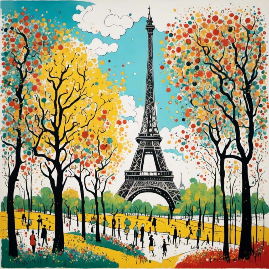 Eiffel Tower in Paris: Dark Pointillism Style