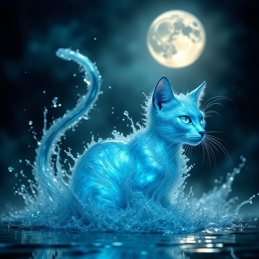 Glowing Water Cat Under Moonlight