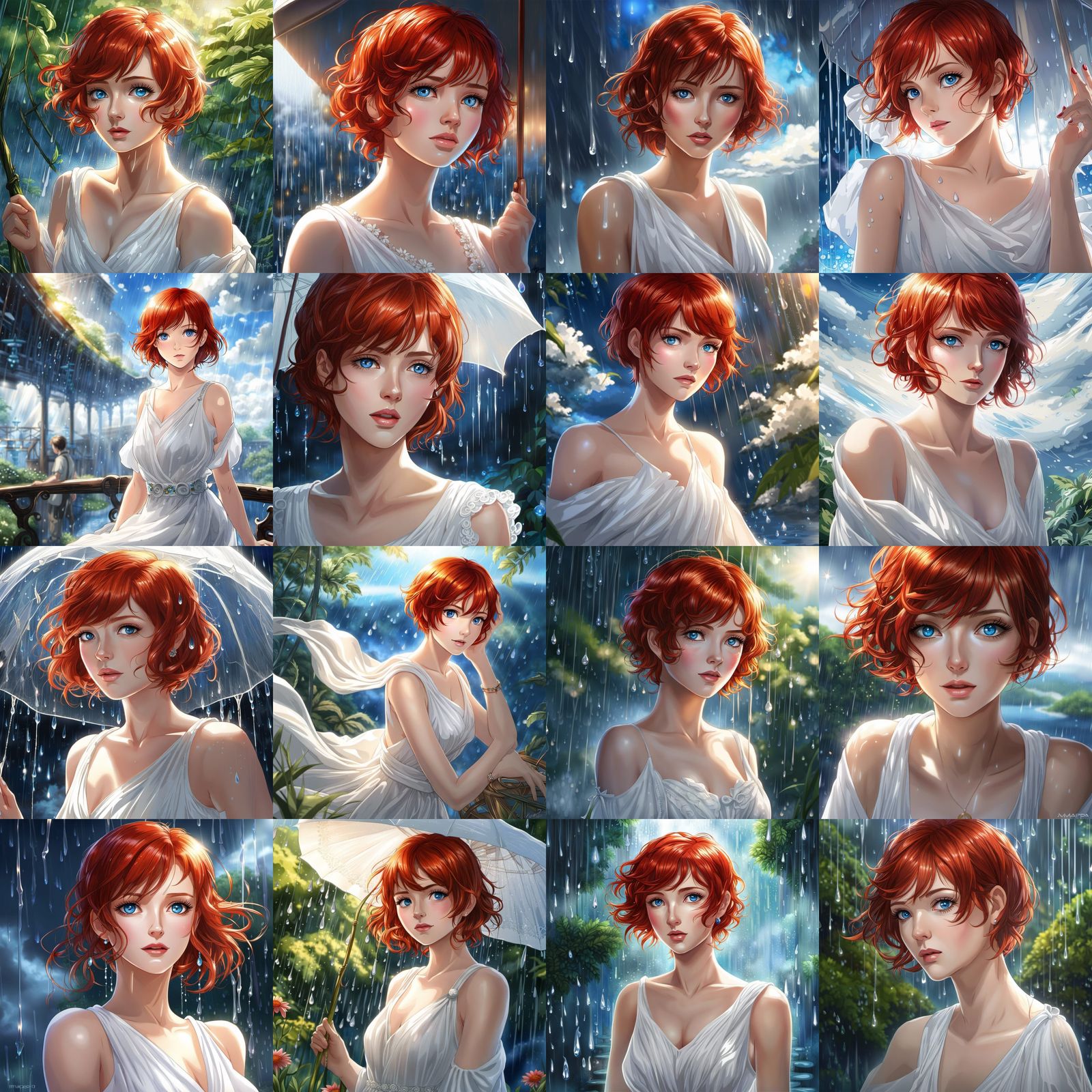 Anime Woman with Red Hair in Rain