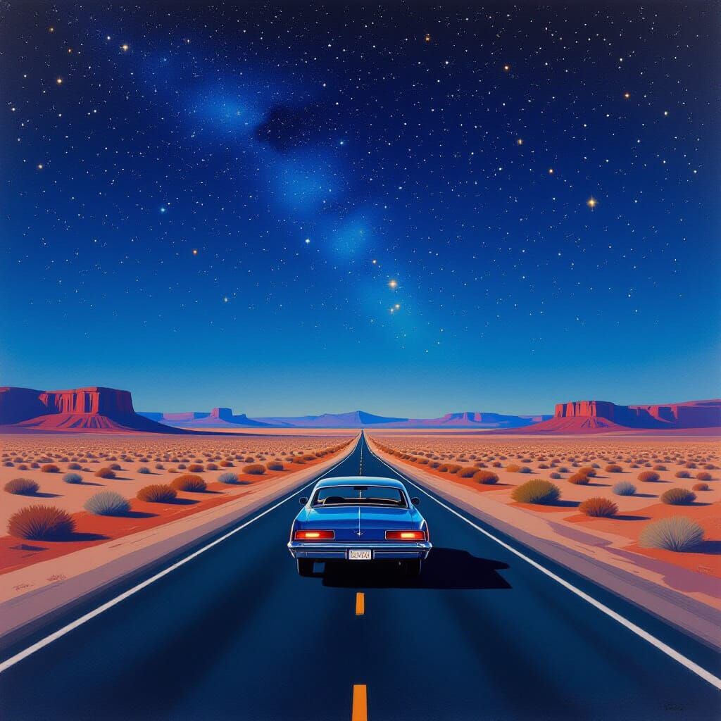Desert Highway at Night Under Starry Sky