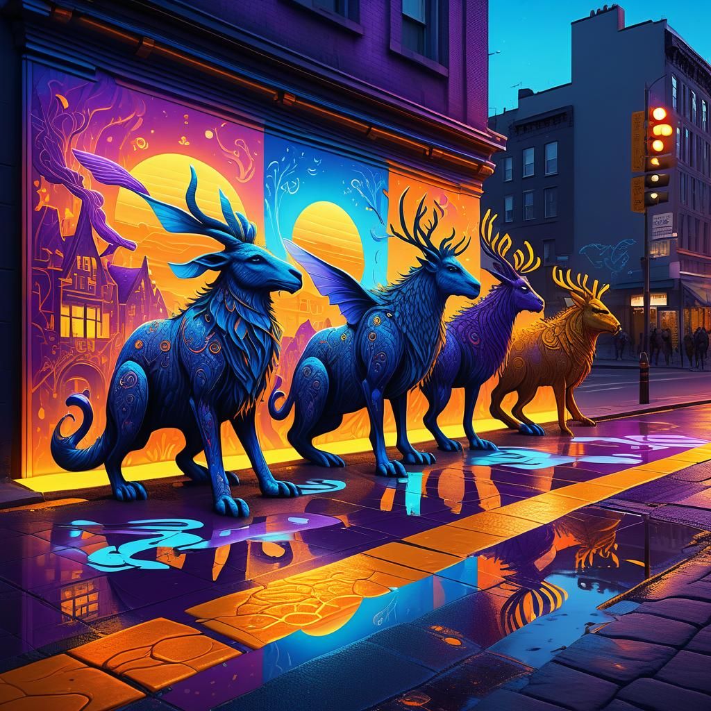 Magical Creatures Gathered Around a Glowing Mural