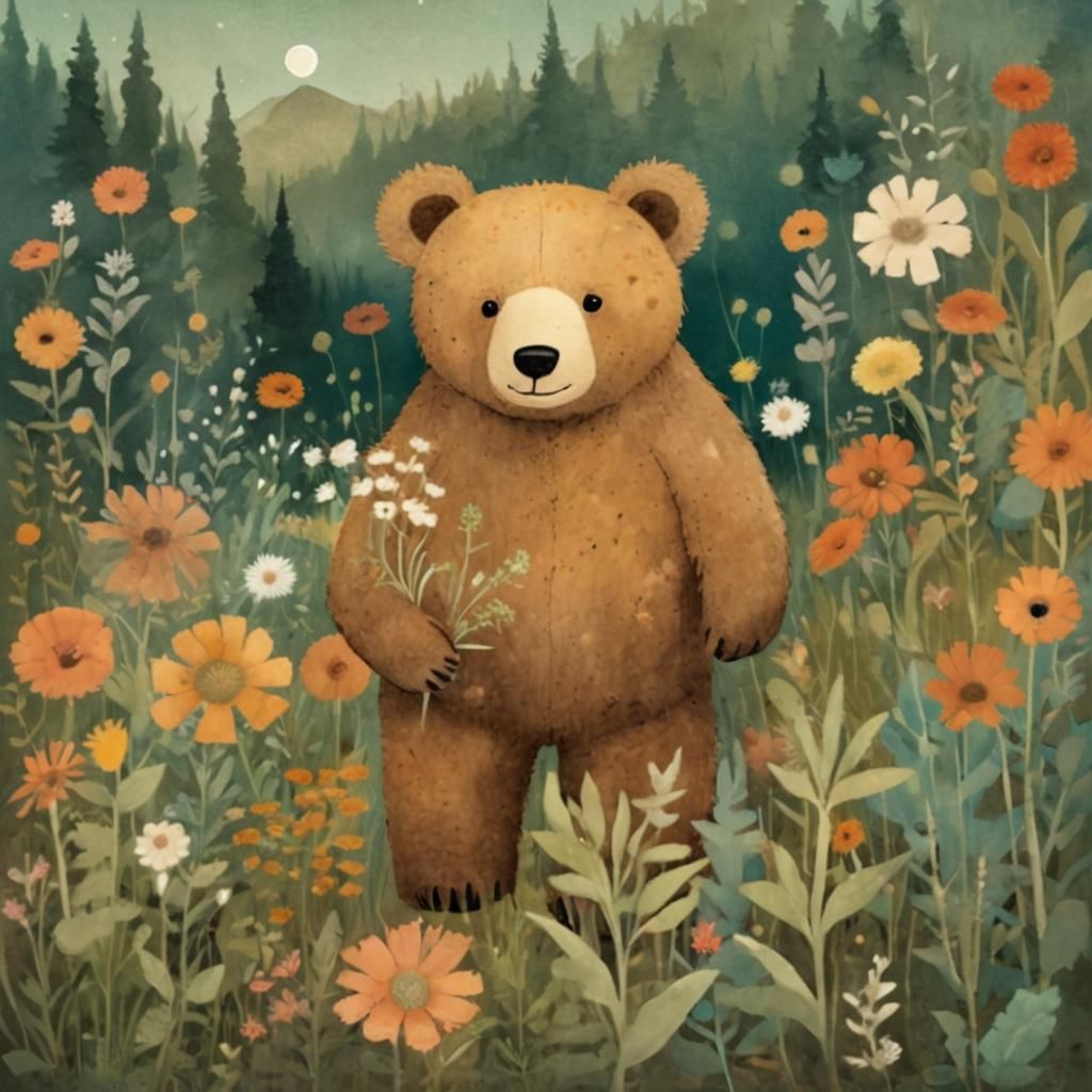 Teddy Bear with Wildflowers in Storybook Style
