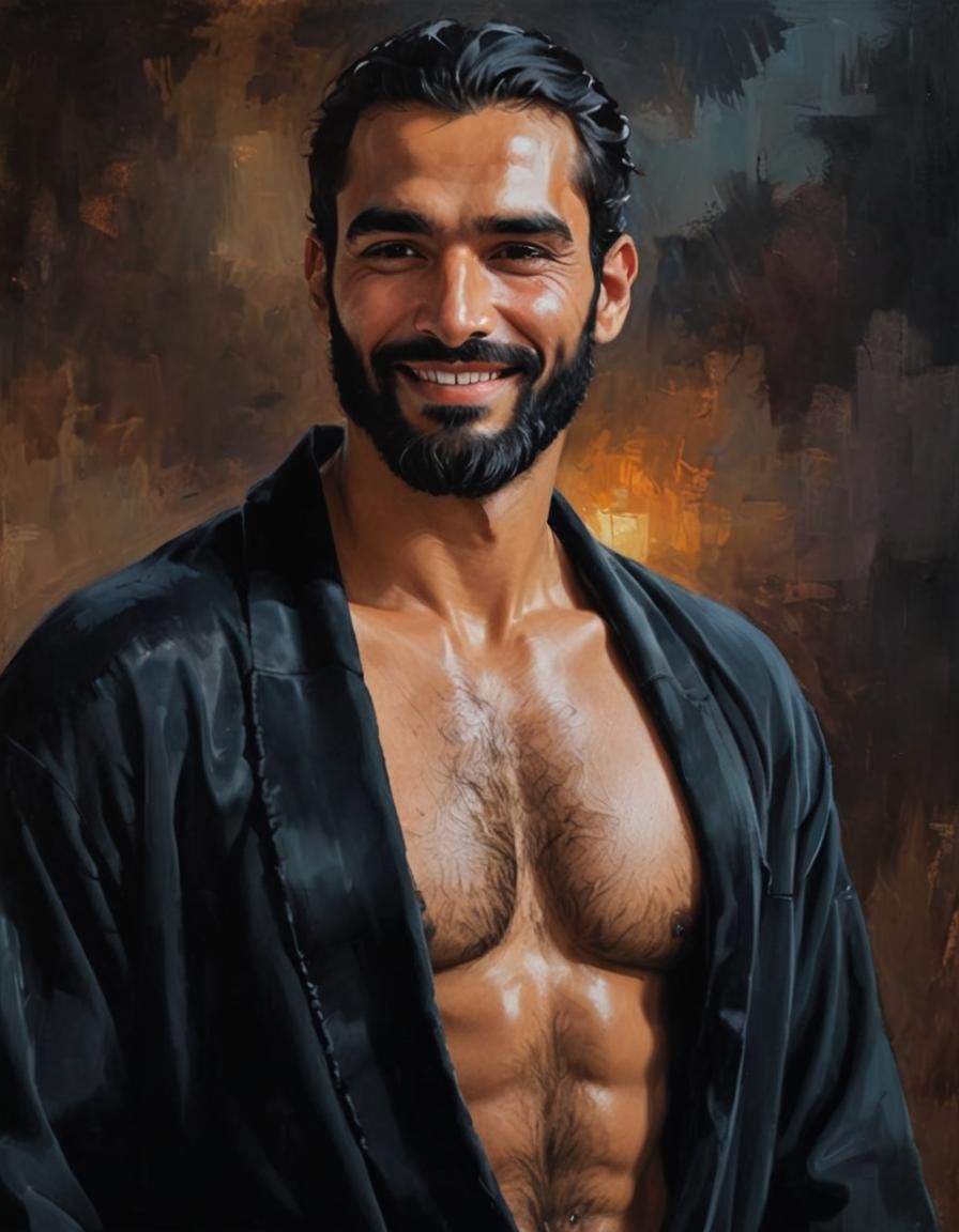 Hirsute Man in Velvet Robe, Impressionist Oil Painting