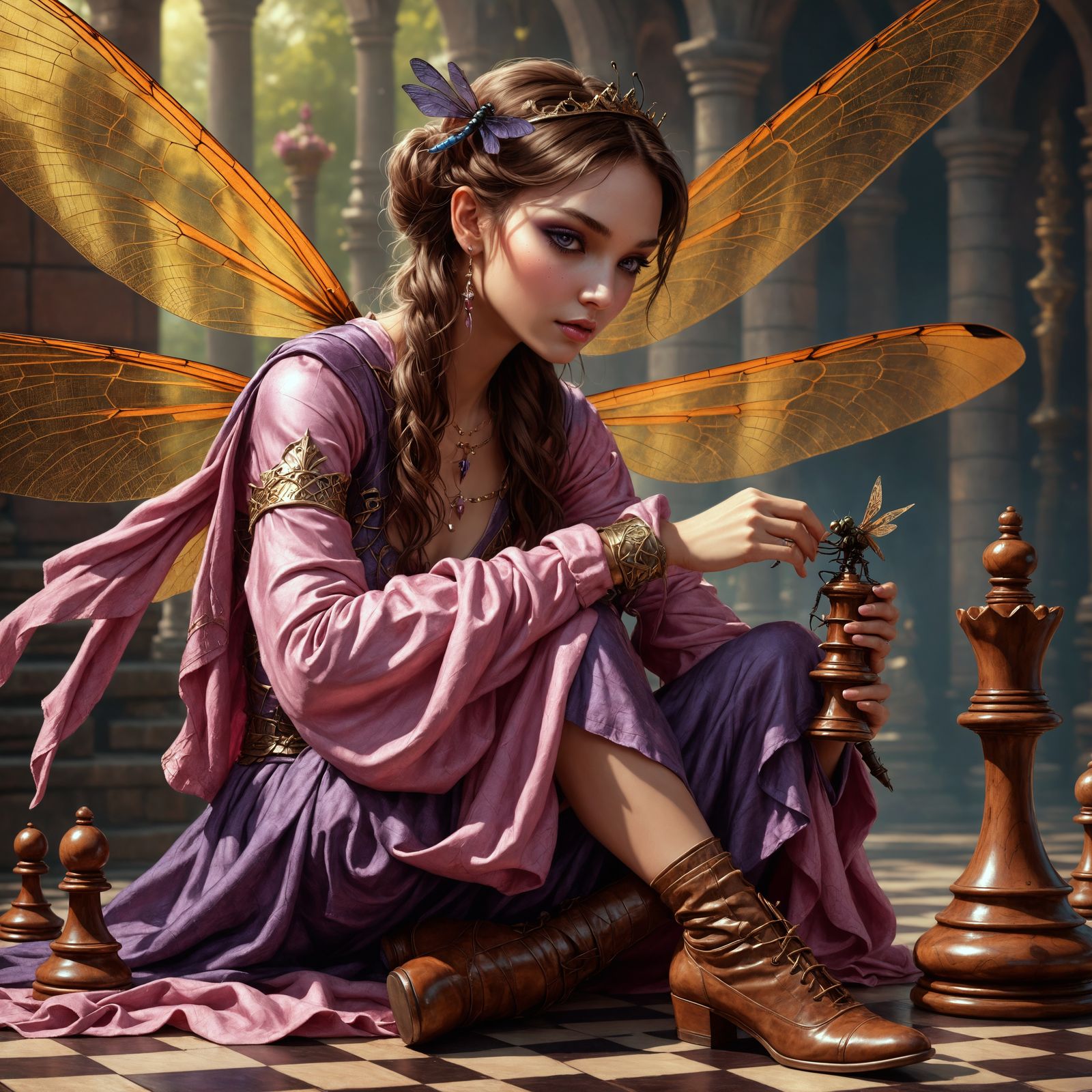 Fairy Princess Embraces Chess King: Fantasy Concept Art