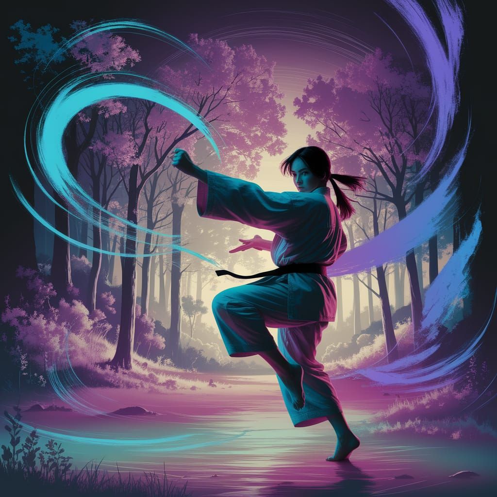 Martial Artist Karate Kick in Ethereal Forest