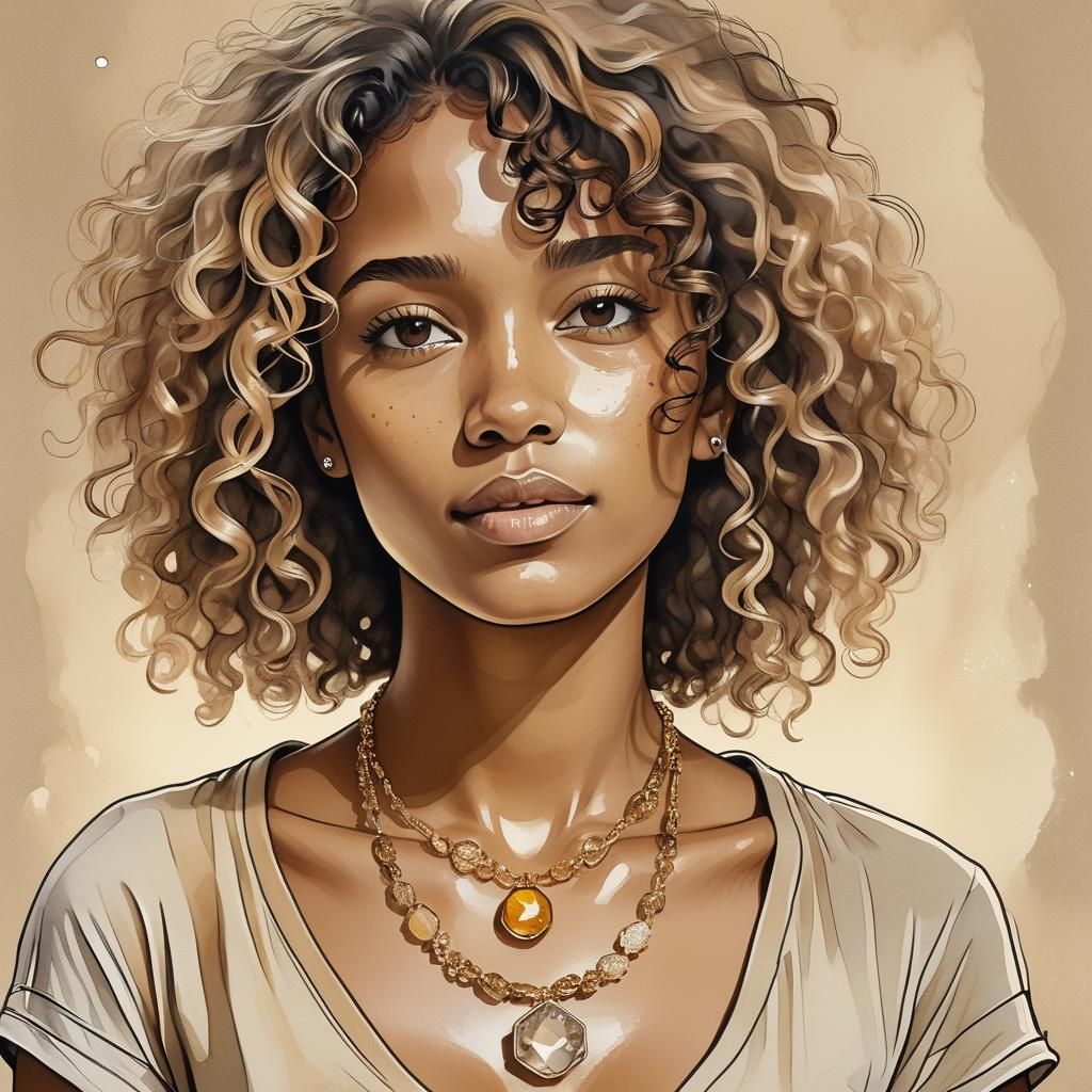 Elegant, Tannish Brown Woman in Beige, Crystal Necklace, Sof...