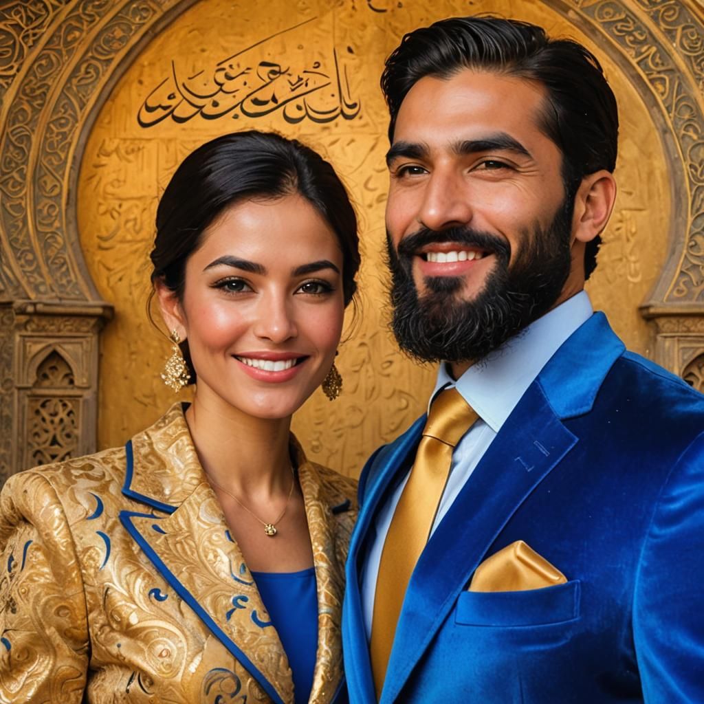 Couple at Mosque Gate with Abstract Gold Pattern Arch