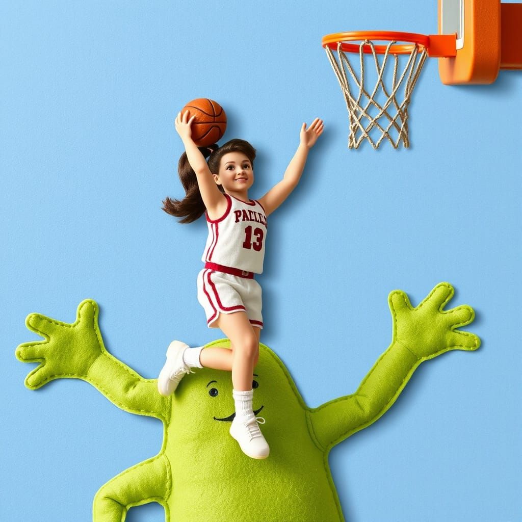 Basketball Star Felt Doll Slam-Dunking Over Wiggly Tubeman