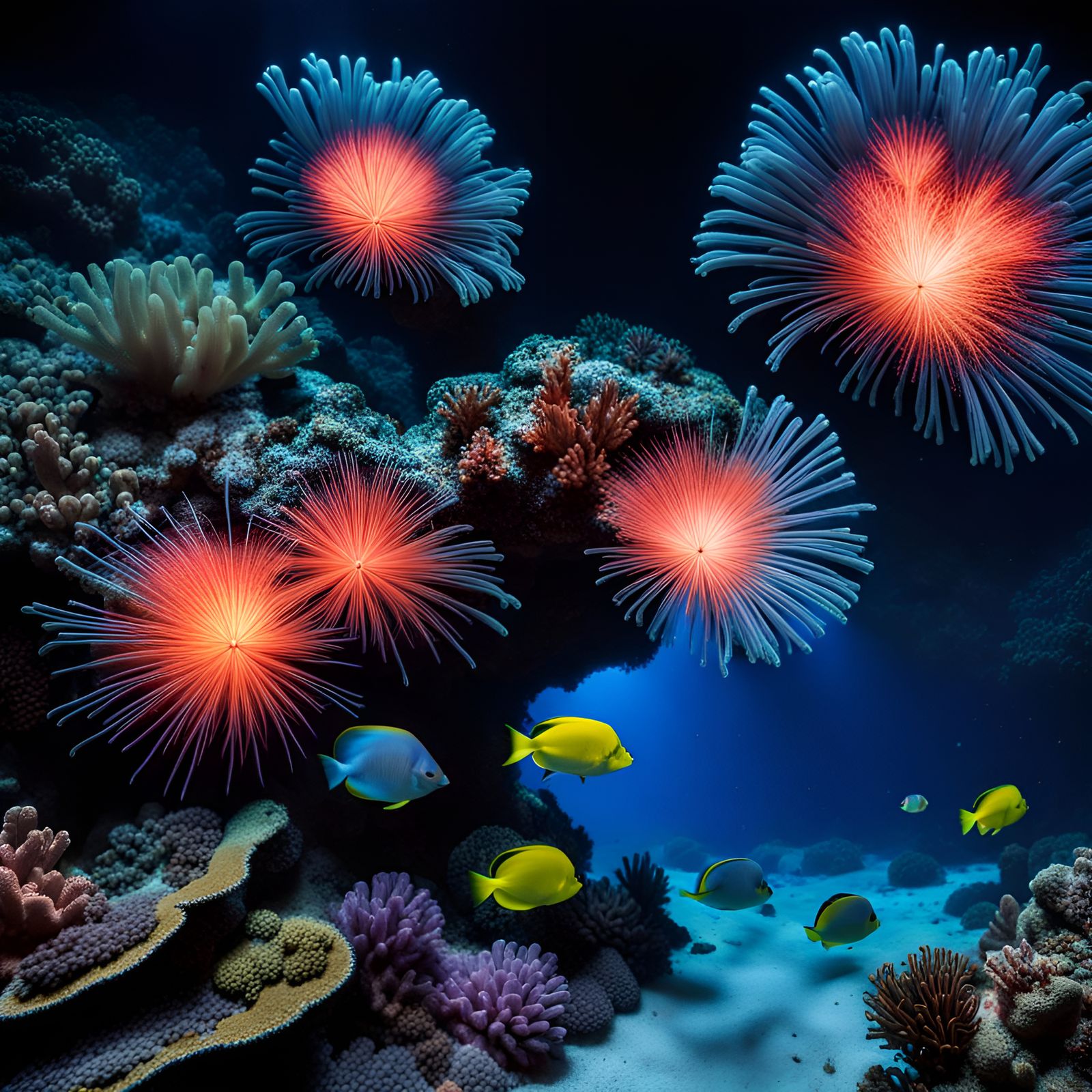 Bioluminescent Fireworks Over Coral Reef