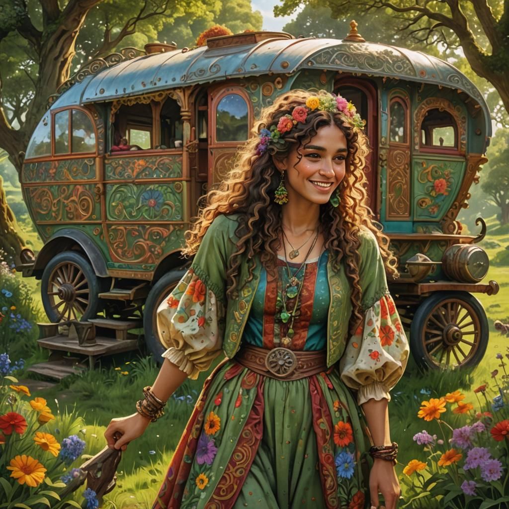 Gypsy Girl and Caravan in Dreamy Landscape