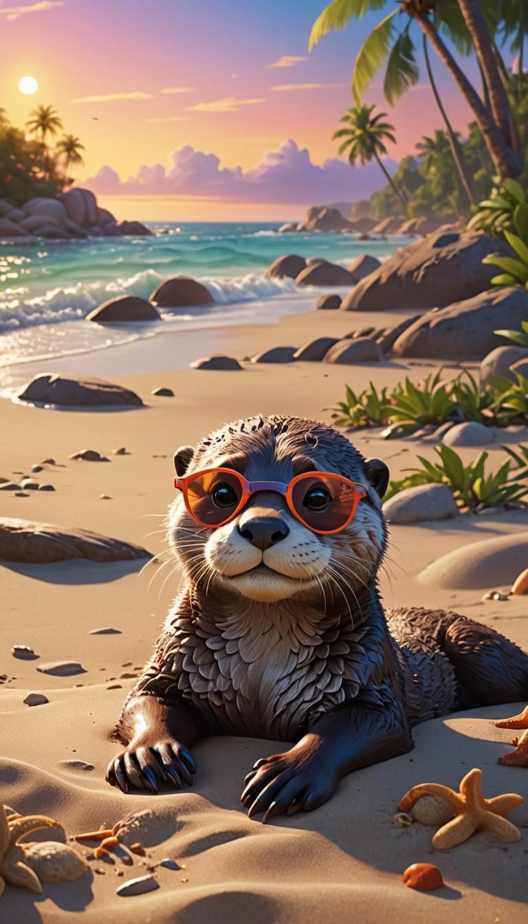Cool Otter Lounging on the Beach: 3D Pixar Animation