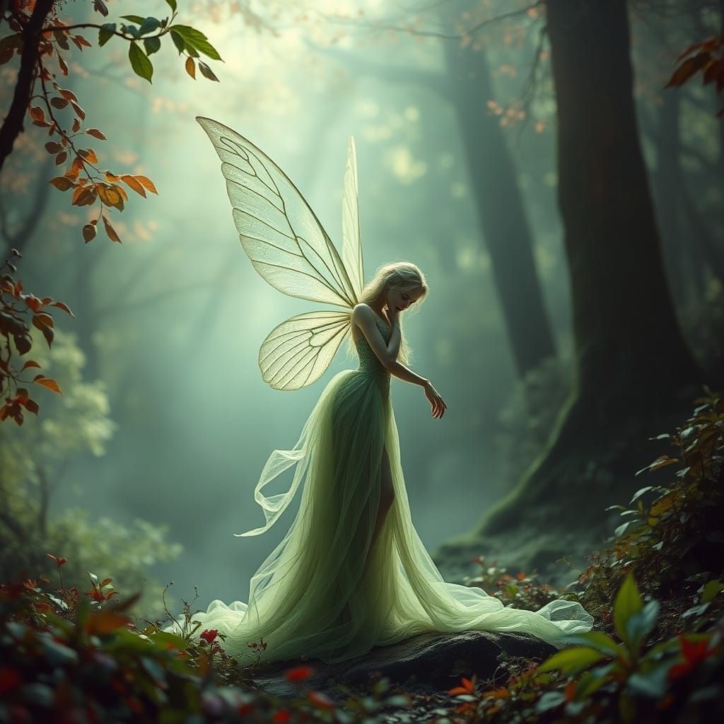 Enchanted Green Fairy in Mystical Forest Glade